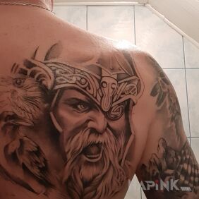 Tattoo Odin and his two ravens on the shoulder blades motif: black and gray style: realistic