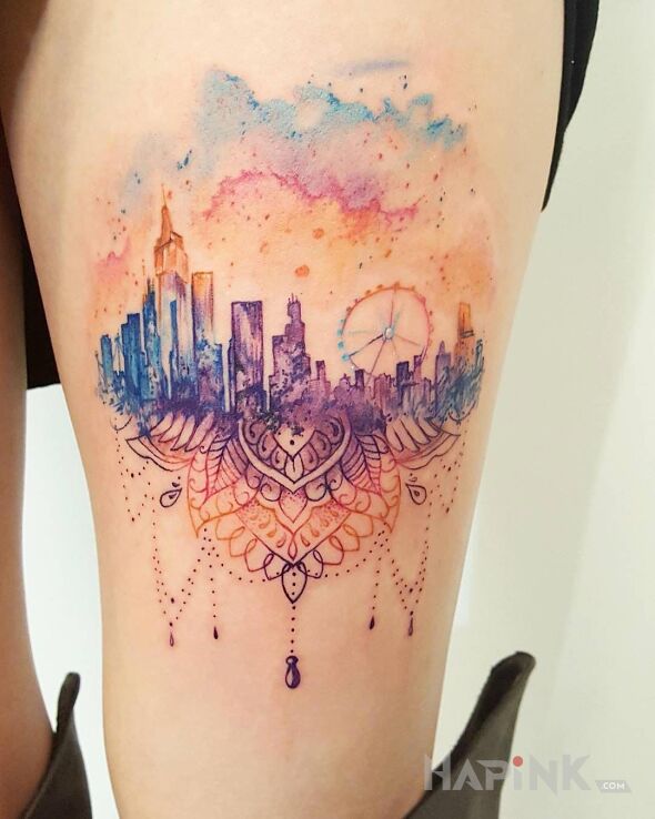 Tattoo Panorama miasta in ornaments motif and Watercolor style on the leg