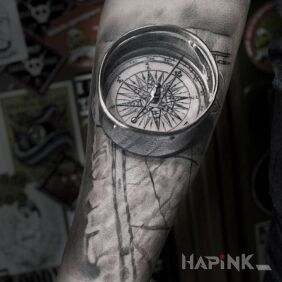 Tattoo Realistic compass on the forearm motif: 3D style: realistic