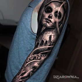 Tatuaż Santa Muerte i cmentarz na ręce motyw: santa muerte styl: realistyczne