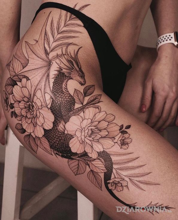 Tatuaż smok kwiatowy w motywie smoki i stylu graficzne / ilustracyjne na nodze