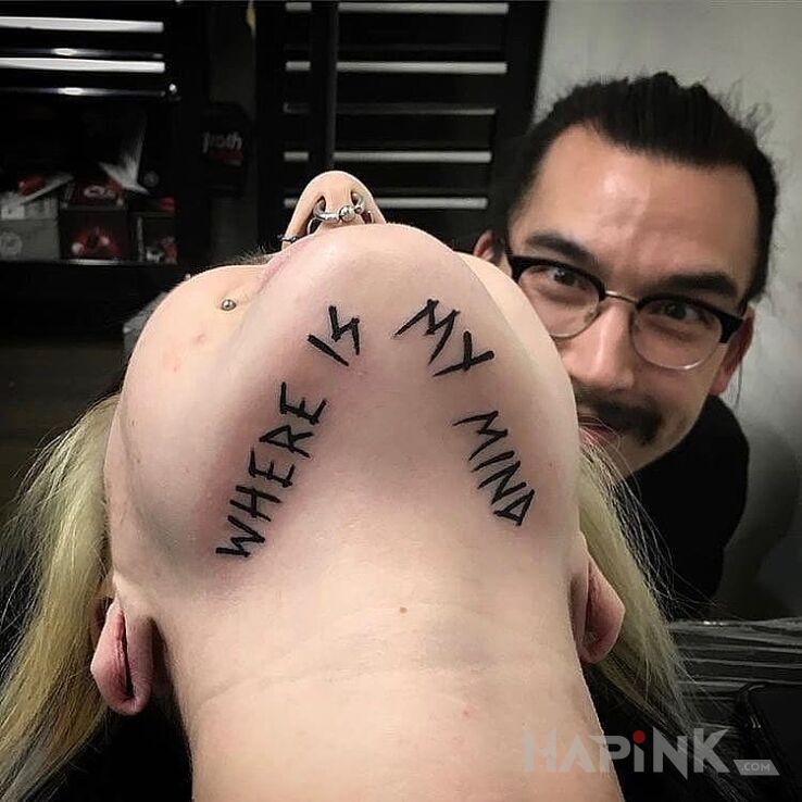 Tattoo Where is my mind in lettering motif on the neck