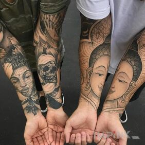 Tattoo Two visions On the arm motif: faces style: graphic / illustrative