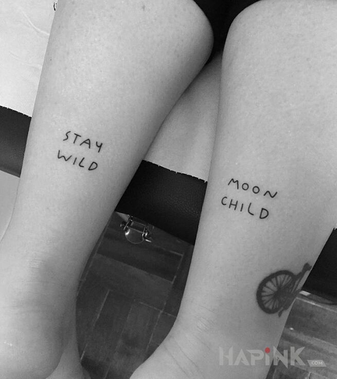 Tattoo Dziecko ksiezyca in lettering motif on the calf
