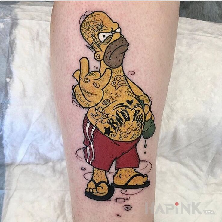 Tattoo Bad Boy Simpson in characters motif and cartoon / comic book style on the leg