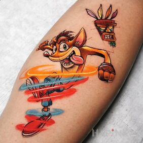 Tattoo Crash Bandicoot on the leg motif: colorful style: cartoon / comic book