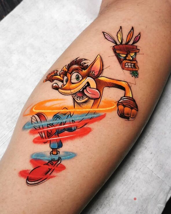 Tattoo Crash Bandicoot in colorful motif and cartoon / comic book style on the leg