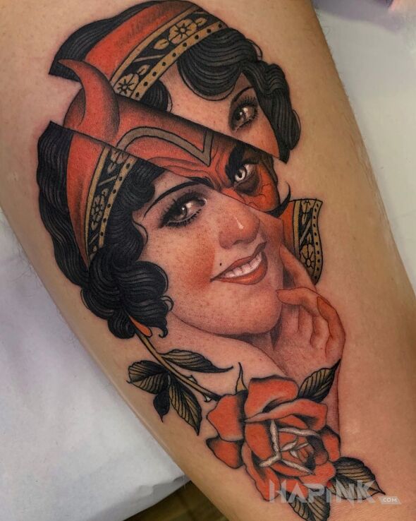 Tattoo Diabel w kobiecie in demons motif and realistic style on the thigh
