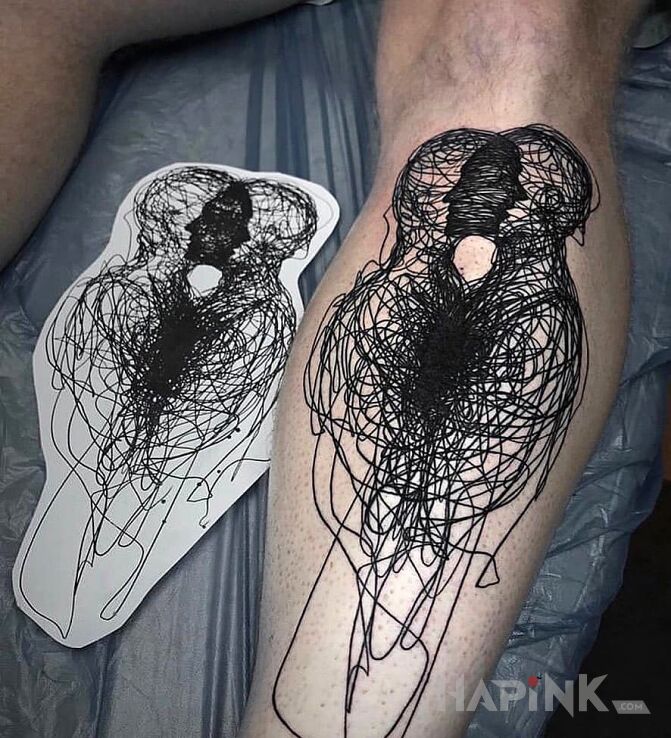 Tattoo Poplątani in characters motif and graphic / illustrative style on the leg
