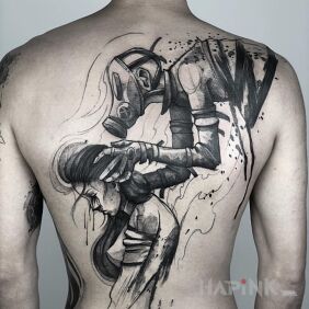 Tattoo Guy in a gas mask on the back motif: black and gray style: sketch