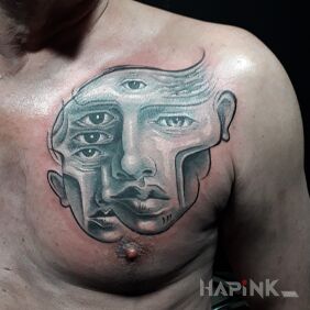Tattoo Pandemic pain on the chest motif: faces style: surrealistic