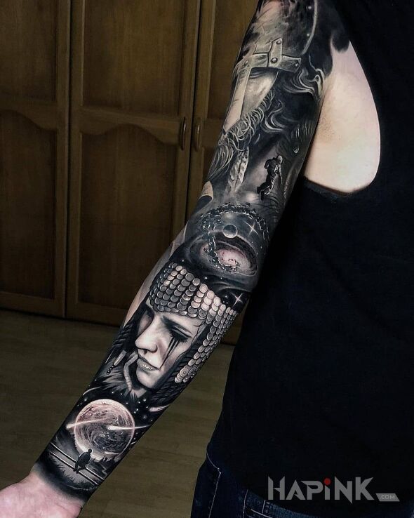 Tattoo Kobieta w cekinach in cosmos motif and realistic style on the forearm