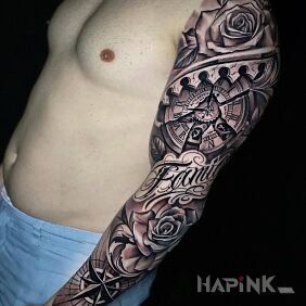 Tattoo Clock, roses, compass On the arm motif: sleeves style: realistic