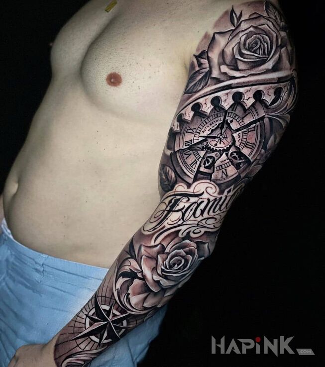 Tattoo Zegar, róże, kompas in sleeves motif and realistic style on the forearm