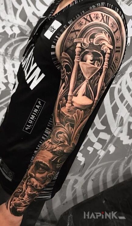 Tattoo Klepsydra w 3D in black and gray motif and realistic style on the forearm
