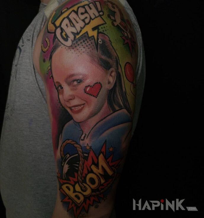 Tattoo Portret dziecka in colorful motif and surrealistic style On the arm