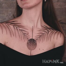 Tattoo Leafy branches on the collarbone motif: black and gray style: graphic / illustrative