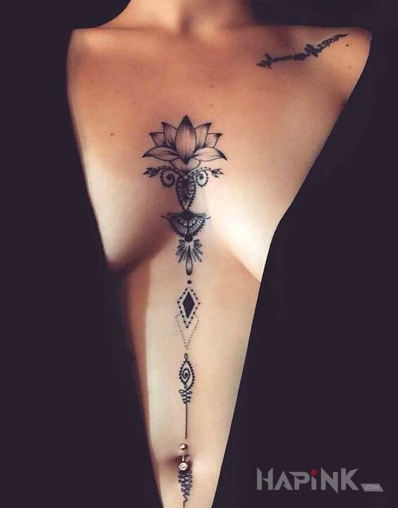 Tattoo Wzory pomiędzy piersiami in black and gray motif and graphic / illustrative style on the stomach