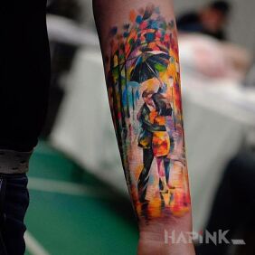 Tattoo Dancing in the rain on the forearm motif: characters