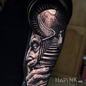 Tattoo Staircase Spiral on the upper arm motif: black and gray style: realistic