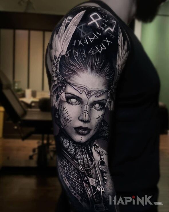 Tattoo Walkiria in 3D motif and realistic style On the arm