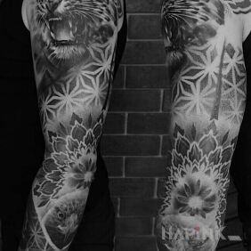 Tattoo My second sleeve on the forearm motif: black and gray style: realistic