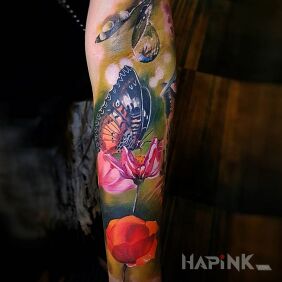 Tattoo Butterfly on a flower on the forearm motif: 3D style: realistic