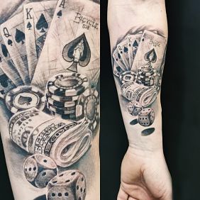 Tattoo Casino game on the forearm motif: objects style: realistic