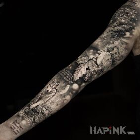 Tattoo Realistic work on the forearm motif: black and gray style: realistic