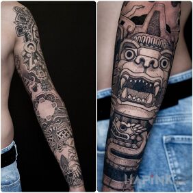 Tattoo Aztecs On the arm motif: black and gray style: graphic / illustrative