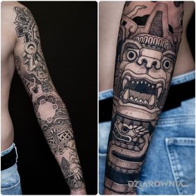Tatuaż Aztekowie na ręce motyw: czarno-szare styl: graficzne / ilustracyjne