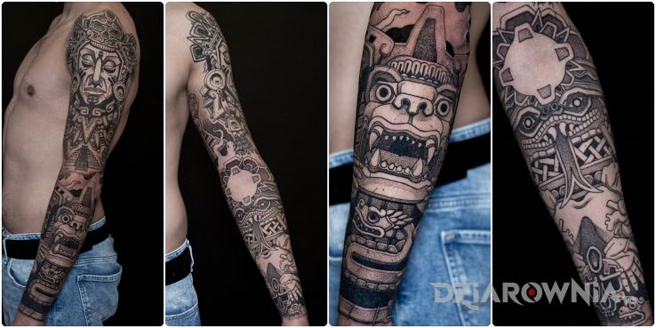 Tatuaż aztekowie w motywie czarno-szare i stylu graficzne / ilustracyjne na przedramieniu