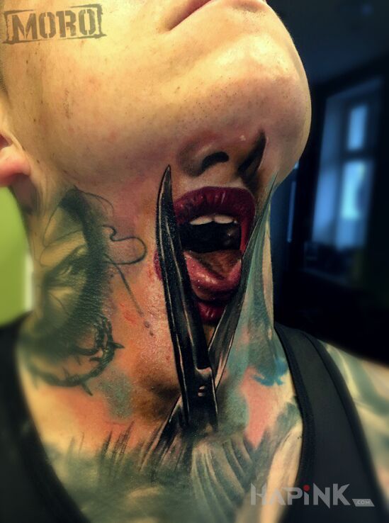 Tattoo Hardcorowo :-) in 3D motif and realistic style on the neck
