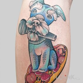 Tattoo A memento of the best, canine friend on the calf motif: colorful style: graphic / illustrative