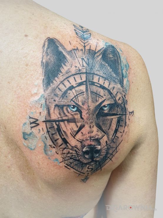 Tatuaż wilk w motywie cover up i stylu watercolor na łopatkach