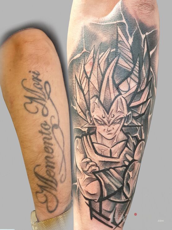 Tattoo Cover up in characters motif and graphic / illustrative style on the forearm