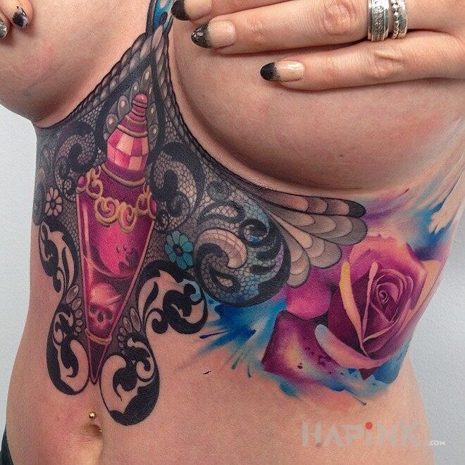 Tattoo Flakonik i róża in 3D motif and realistic style between the breasts
