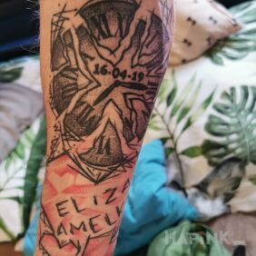 Tattoo Memory of My Brother and Responsibility for His Children On the arm motif: black and gray style: graphic / illustrative