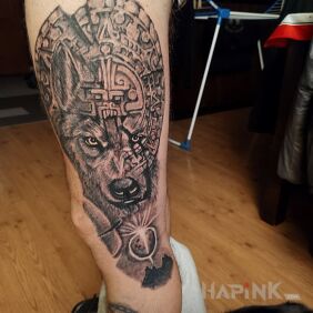 Tattoo Mayan wolf on the thigh motif: animals style: graphic / illustrative
