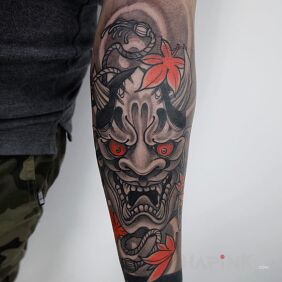 Tattoo Hannya on the forearm motif: black and gray style: japanese / irezumi