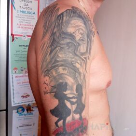 Tattoo What to add or change - suggestions on the upper arm motif: angels style: graphic / illustrative