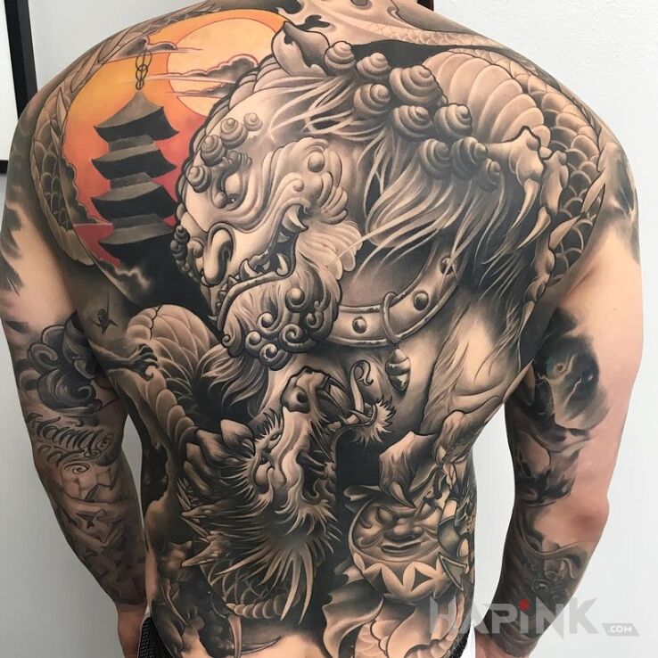 Tattoo Całe plecy w tatuażach in dragons motif and japanese / irezumi style on the back