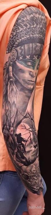 Tattoo Mała indianka in black and gray motif and realistic style On the arm