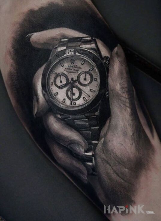 Tattoo Rolex in 3D motif and realistic style on the forearm