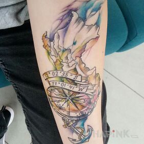 Tattoo Soul on a journey on the forearm motif: objects style: Watercolor