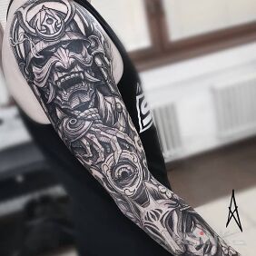 Tattoo Demonic samurai On the arm motif: black and gray style: graphic / illustrative