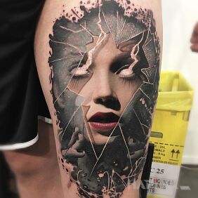 Tattoo White eyes on the thigh motif: 3D style: realistic