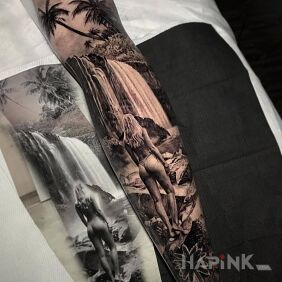 Tattoo Girl over the waterfall on the knee motif: characters style: realistic