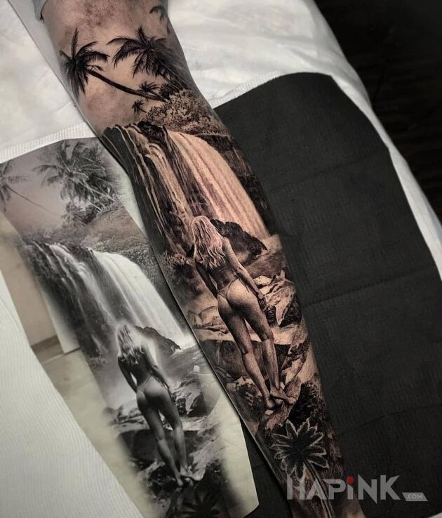 Tattoo Dziewczyna nad wodospadem in black and gray motif and realistic style on the leg