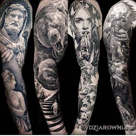 Tatuaż 4 potezne rekawy na ramieniu motyw: twarze styl: realistyczne